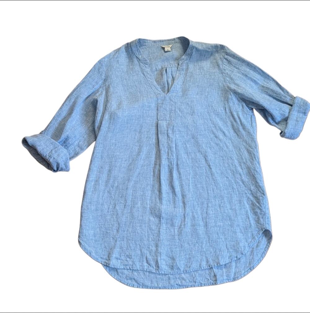 L.L. Bean 100% Linen Chambray V Neck Popover Lightweight Tunic Blouse Size Small